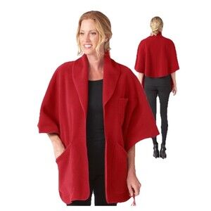 Janska Red Fleece Reader’s Wrap Shawl Cape Poncho with Pockets Made in USA Cozy